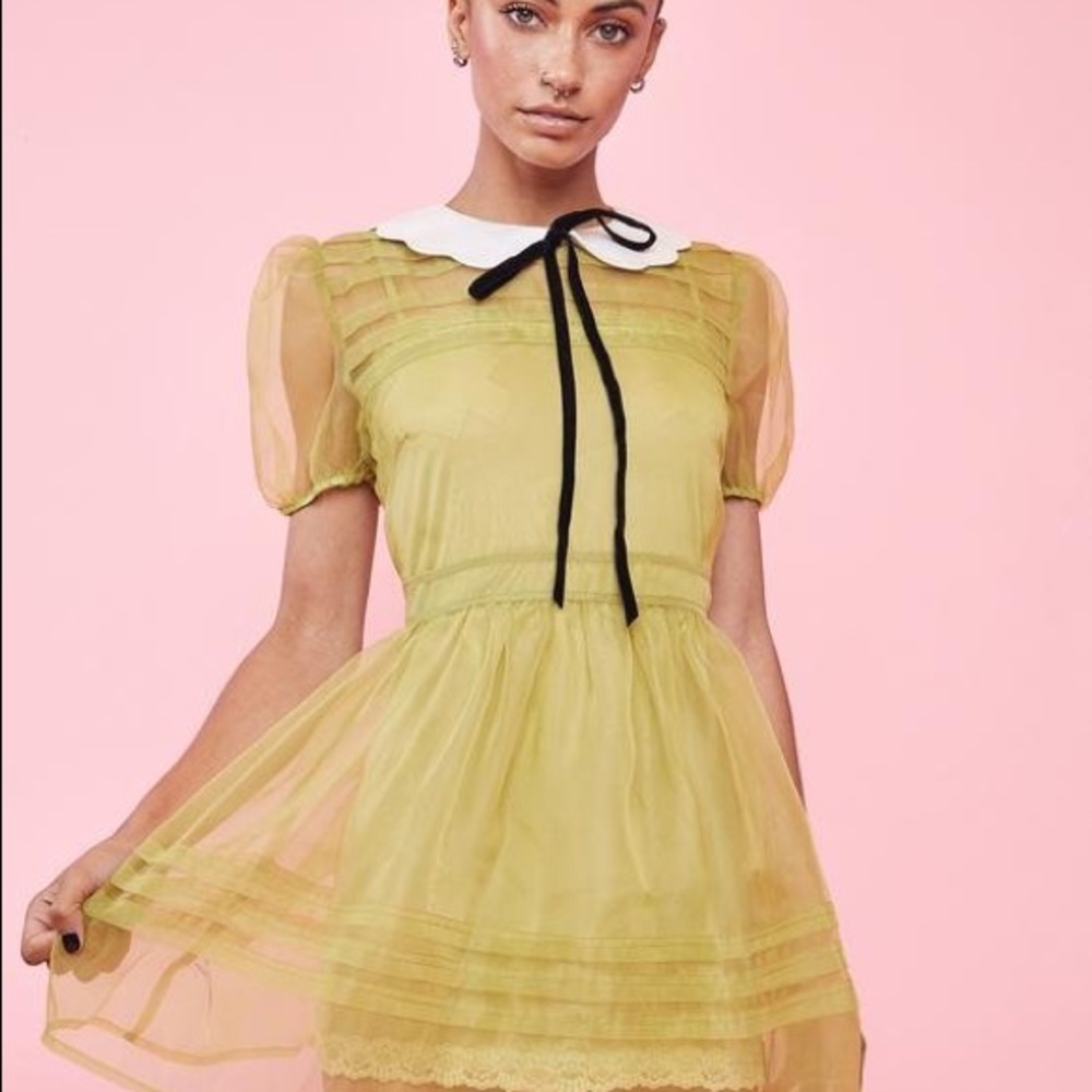 Dolls Kill Sugar Thrillz Organza Puff Sleeve Chartreuse Dress